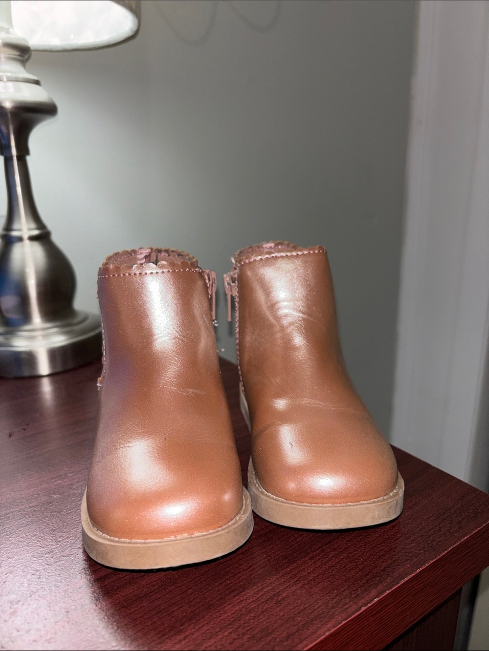 Kids Brown Faux-Leather Ankle Boots - Cozy Zip Closure